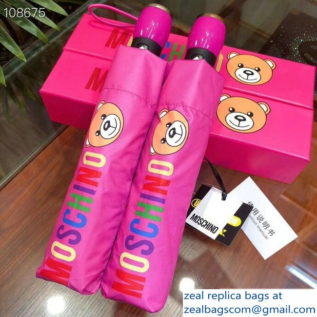 Moschino All Over Teddy Bear and Logo Print Umbrella Fuchsia