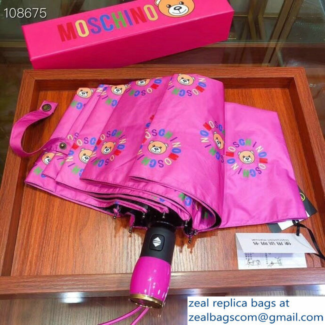 Moschino All Over Teddy Bear and Logo Print Umbrella Fuchsia