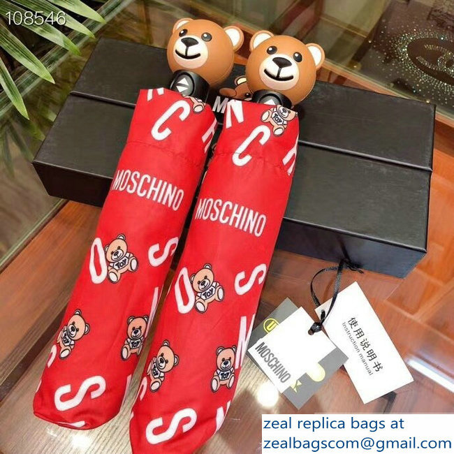 Moschino Teddy Bear Print Umbrella All Over Logo Red - Click Image to Close
