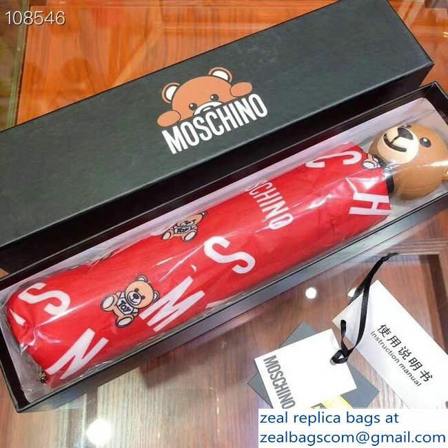 Moschino Teddy Bear Print Umbrella All Over Logo Red