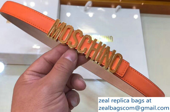 Moschino Width 2cm Leather Belt Orange With Logo - Click Image to Close