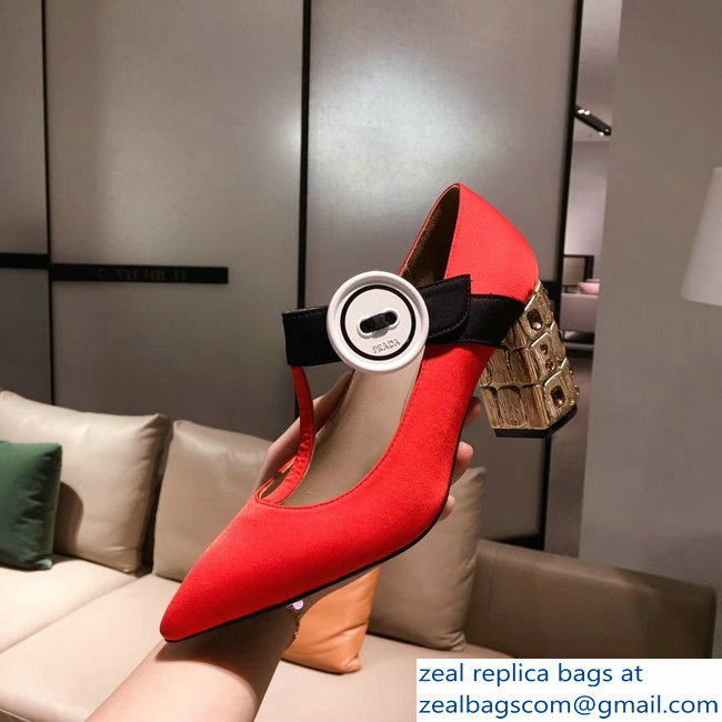 Prada Embellishment Heel Button Pumps Red 2019 - Click Image to Close