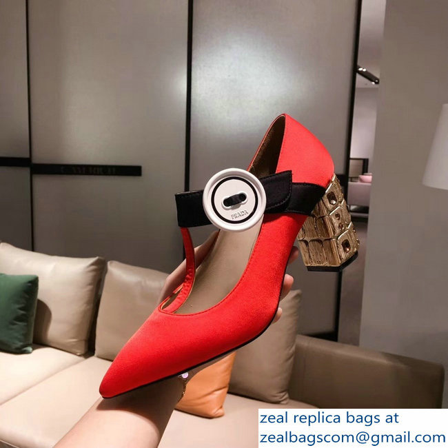 Prada Embellishment Heel Button Pumps Red 2019