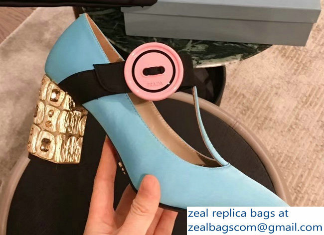 Prada Embellishment Heel Button Pumps Sky Blue 2019 - Click Image to Close