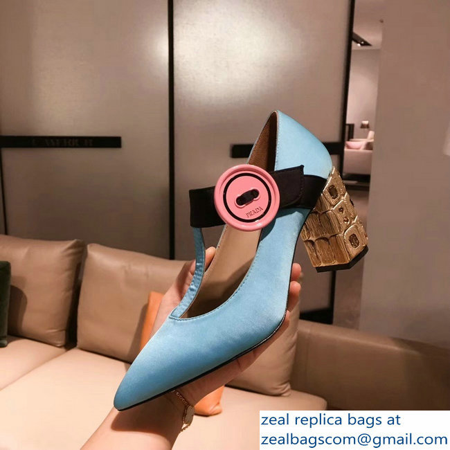 Prada Embellishment Heel Button Pumps Sky Blue 2019 - Click Image to Close