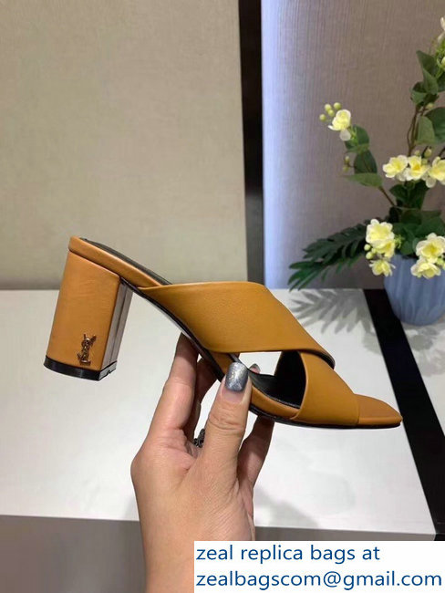 Saint Laurent Heel 6.5cm/9cm Leather Loulou Mules Khaki - Click Image to Close