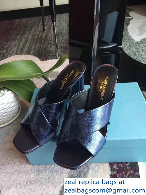 Saint Laurent Heel 6.5cm/9cm Leather Loulou Mules Metallic Blue