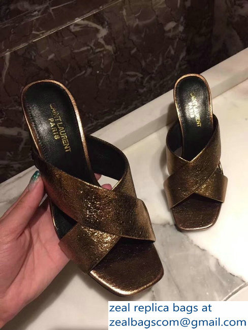 Saint Laurent Heel 6.5cm/9cm Leather Loulou Mules Metallic Gold - Click Image to Close