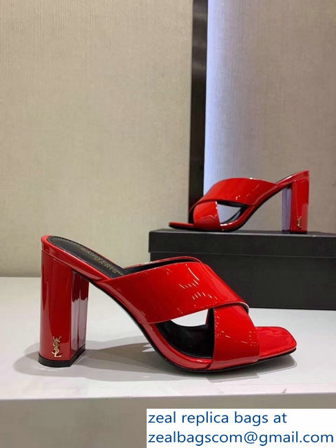 Saint Laurent Heel 6.5cm/9cm Leather Loulou Mules Patent Red - Click Image to Close