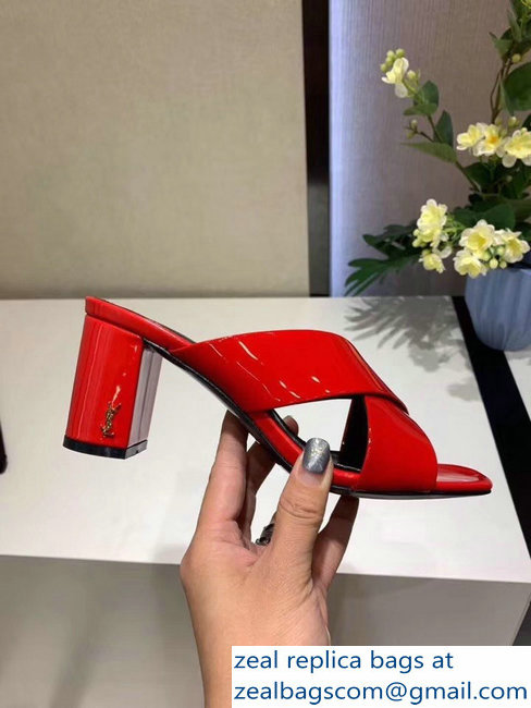 Saint Laurent Heel 6.5cm/9cm Leather Loulou Mules Patent Red - Click Image to Close