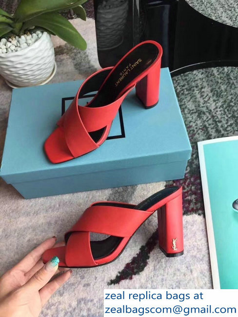 Saint Laurent Heel 6.5cm/9cm Leather Loulou Mules Red - Click Image to Close