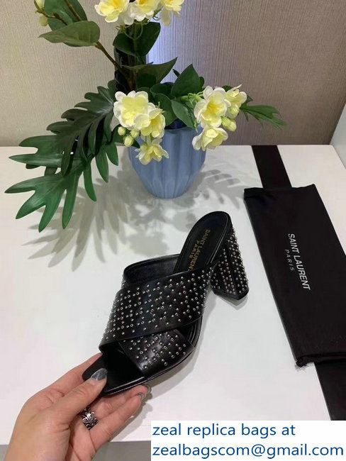 Saint Laurent Heel 6.5cm/9cm Leather Loulou Mules Studded Black - Click Image to Close