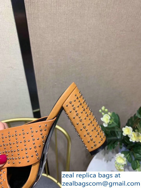 Saint Laurent Heel 6.5cm/9cm Leather Loulou Mules Studded Khaki