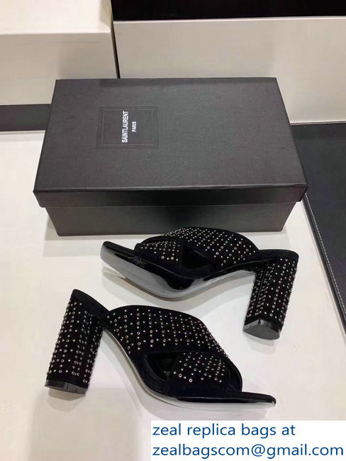 Saint Laurent Heel 6.5cm/9cm Leather Loulou Mules Studded Suede Black - Click Image to Close