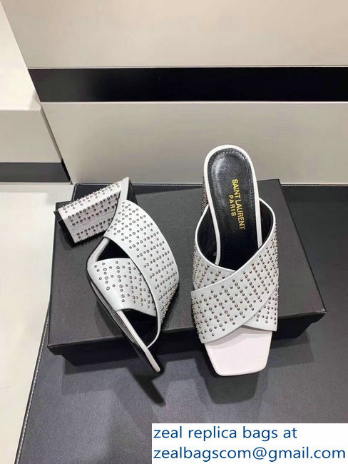 Saint Laurent Heel 6.5cm/9cm Leather Loulou Mules Studded White - Click Image to Close