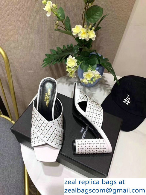 Saint Laurent Heel 6.5cm/9cm Leather Loulou Mules Studded White - Click Image to Close