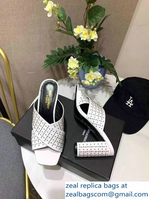 Saint Laurent Heel 6.5cm/9cm Leather Loulou Mules Studded White