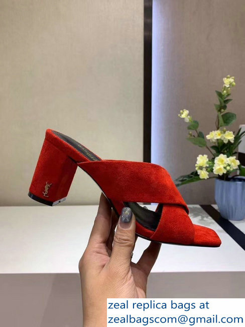 Saint Laurent Heel 6.5cm/9cm Leather Loulou Mules Suede Red - Click Image to Close