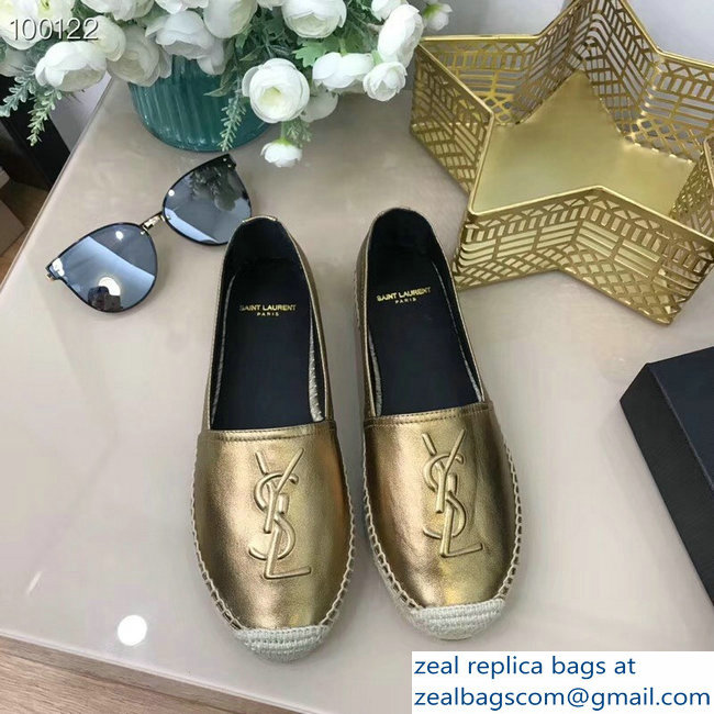 Saint Laurent YSL Logo Leather Espadrilles Gold