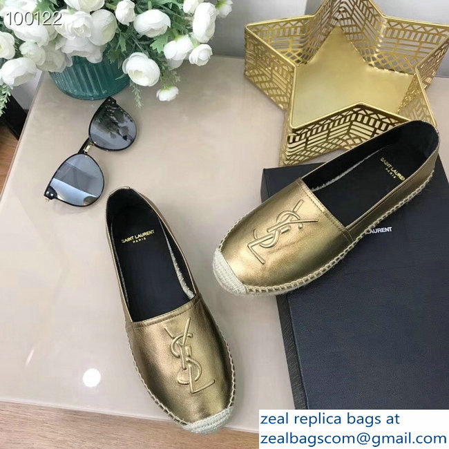 Saint Laurent YSL Logo Leather Espadrilles Gold - Click Image to Close