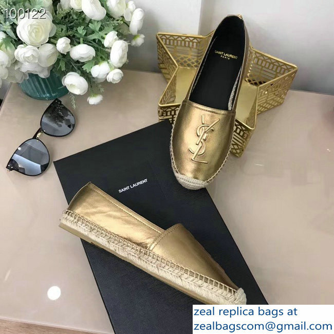 Saint Laurent YSL Logo Leather Espadrilles Gold - Click Image to Close