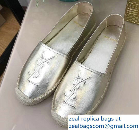 Saint Laurent YSL Logo Leather Espadrilles Silver