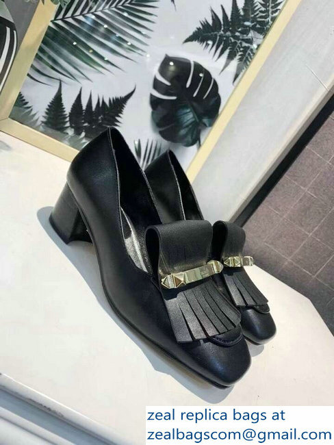 Valentino Heel 4.5cm Calfskin Leather Fringe Moccasin Black 2019 - Click Image to Close