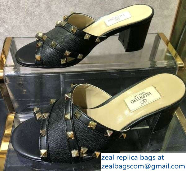 Valentino Heel 6.5cm Grained Leather Rockstud Crossover Mules Sandals Black 2019