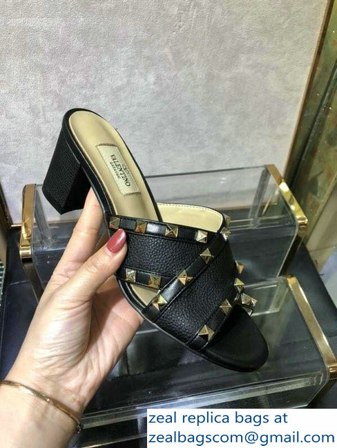 Valentino Heel 6.5cm Grained Leather Rockstud Crossover Mules Sandals Black 2019