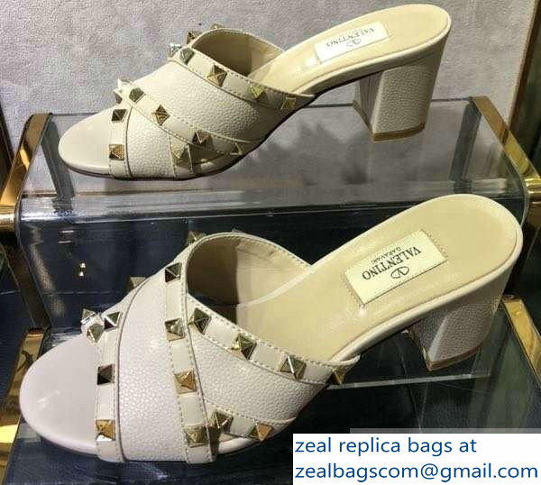 Valentino Heel 6.5cm Grained Leather Rockstud Crossover Mules Sandals Nude 2019