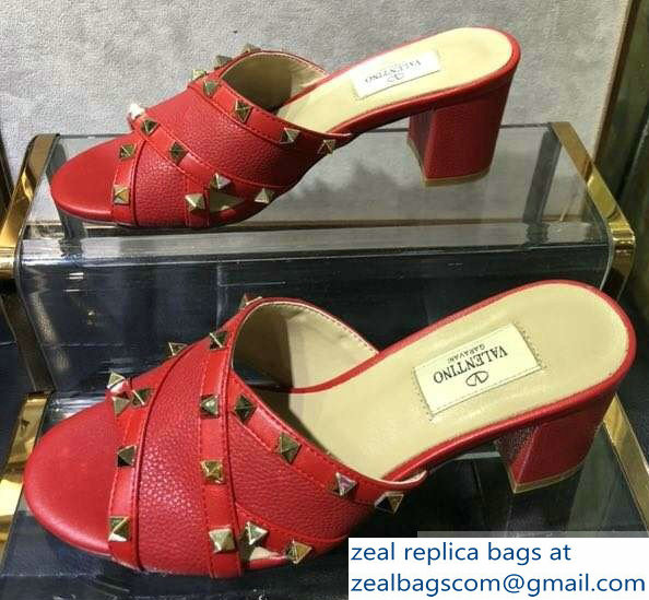 Valentino Heel 6.5cm Grained Leather Rockstud Crossover Mules Sandals Red 2019
