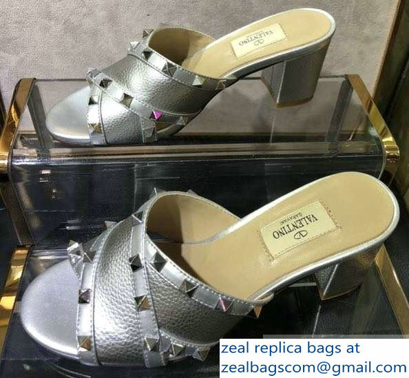 Valentino Heel 6.5cm Grained Leather Rockstud Crossover Mules Sandals Silver 2019