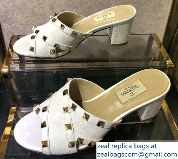 Valentino Heel 6.5cm Grained Leather Rockstud Crossover Mules Sandals White 2019
