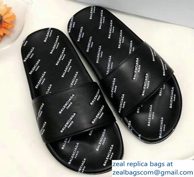 Balenciaga Slides Sandals All Over Logo Black