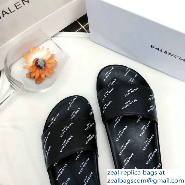 Balenciaga Slides Sandals All Over Logo Black