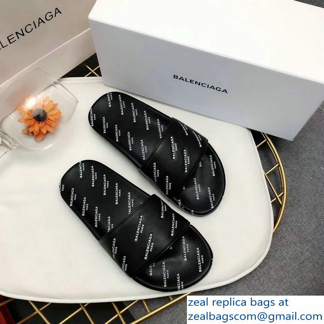 Balenciaga Slides Sandals All Over Logo Black - Click Image to Close