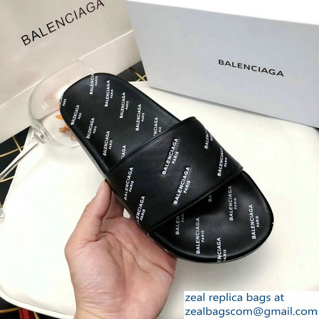 Balenciaga Slides Sandals All Over Logo Black