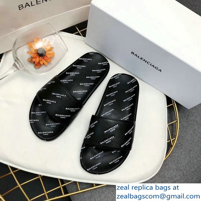 Balenciaga Slides Sandals All Over Logo Black