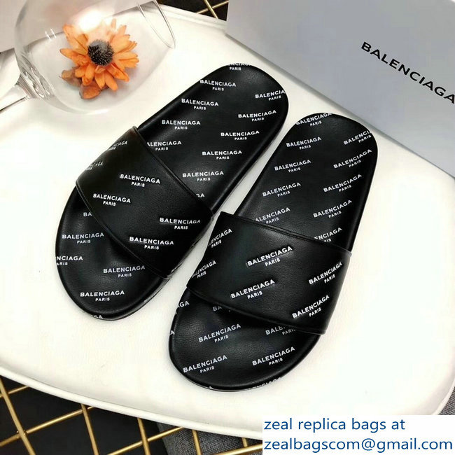 Balenciaga Slides Sandals All Over Logo Black - Click Image to Close