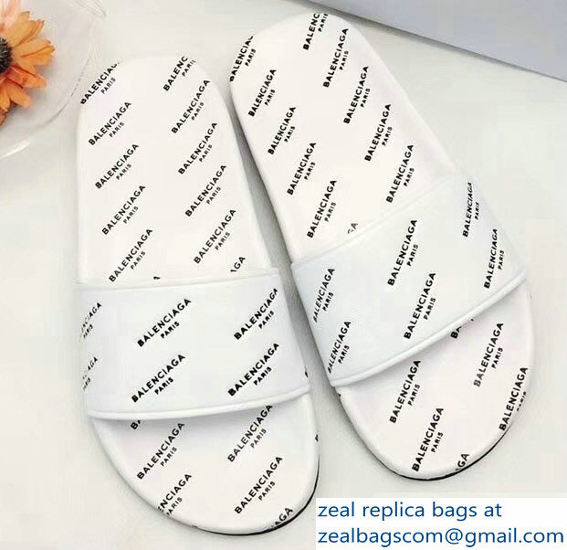 Balenciaga Slides Sandals All Over Logo White - Click Image to Close