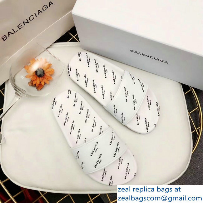 Balenciaga Slides Sandals All Over Logo White - Click Image to Close