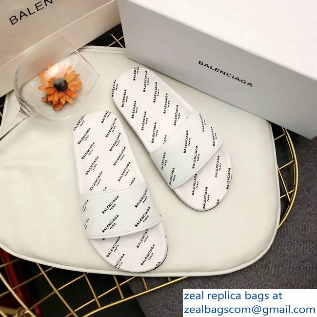 Balenciaga Slides Sandals All Over Logo White - Click Image to Close