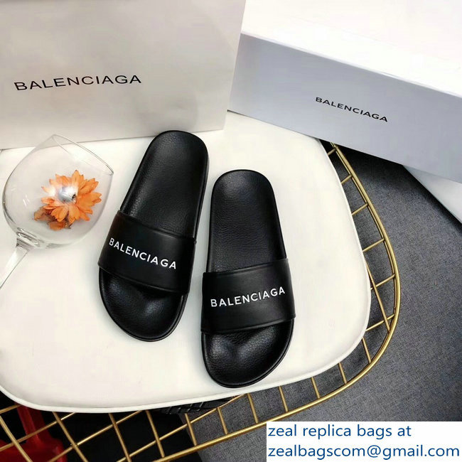 Balenciaga Slides Sandals Logo Black - Click Image to Close