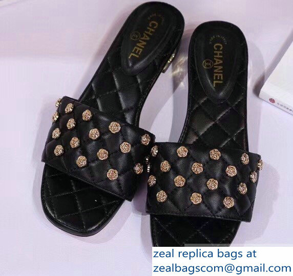 Chanel Camellia Embellishment Mules Slipper Sandals Black 2019