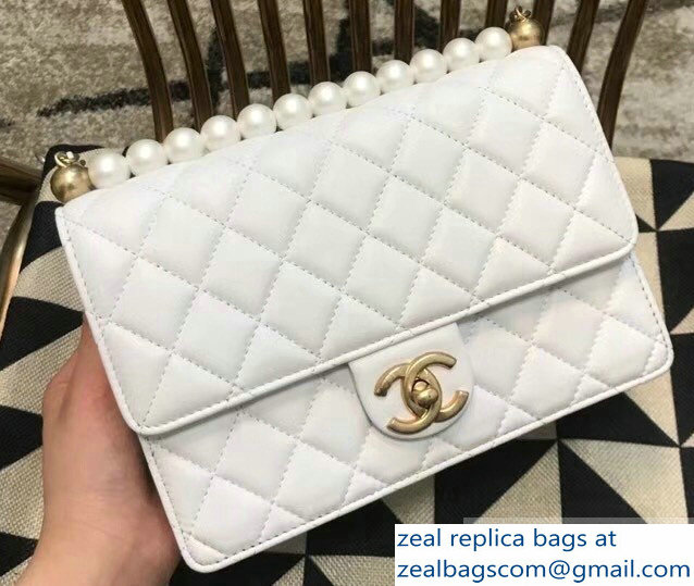 Chanel Lambskin with Imitation Pearls Small Flap Bag AS0585 White 2019