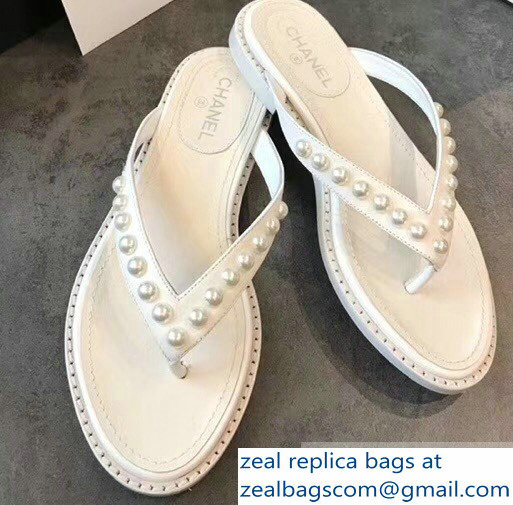 Chanel Suede Leather Pearls Thong Slipper Sandals White 2019