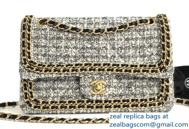 Chanel Tweed Chain Around Classic Flap Bag A1112 Gray 2019