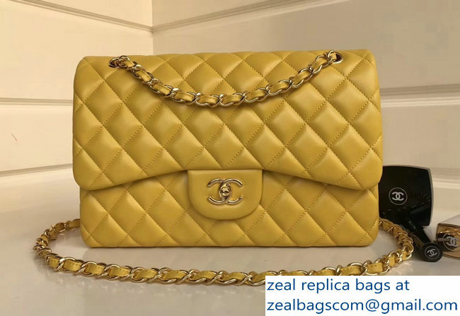 Chanel sheepskin Classic jumbo Flap Bag 1113 yellow with silver Hardware