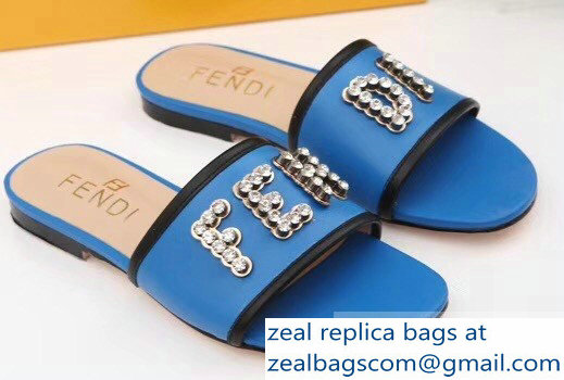 Fendi Crystal FENDI Logo Slides Blue 2019