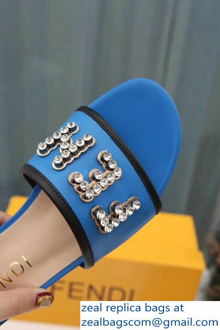 Fendi Crystal FENDI Logo Slides Blue 2019